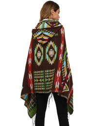 Thumbnail for Women's Print or Plain Fringe Hooded Knit Cape Shawl - K - 2 Print patterns - 4 COLORS -