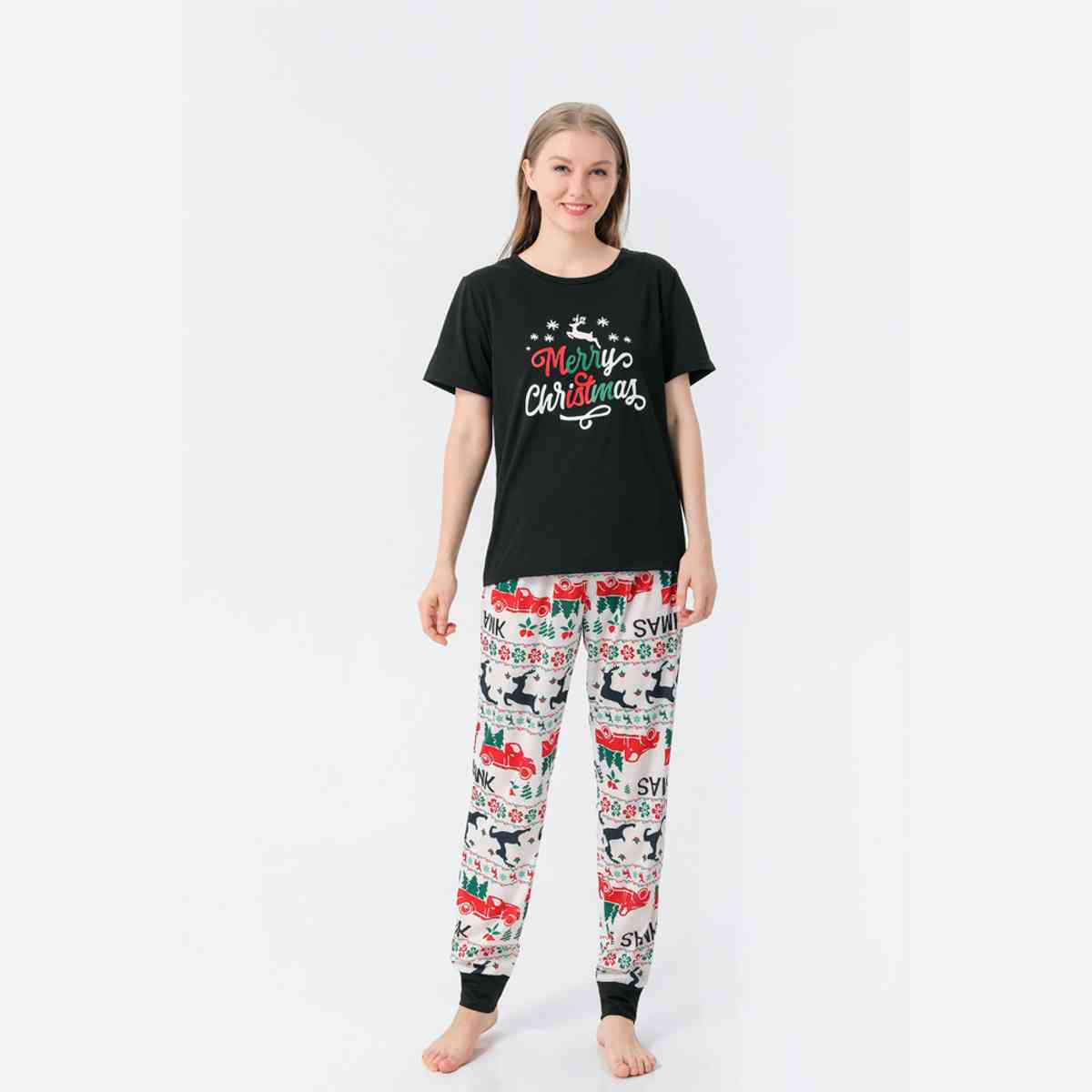 WOMEN MERRY CHRISTMAS Graphic Top and Printed Pants Set - T -