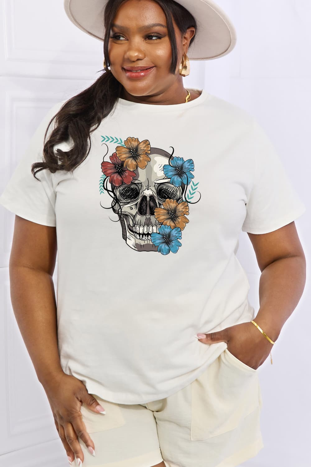 Simply Love Full Size Flower Skull Graphic Cotton Tee - T - 2 COLORS -