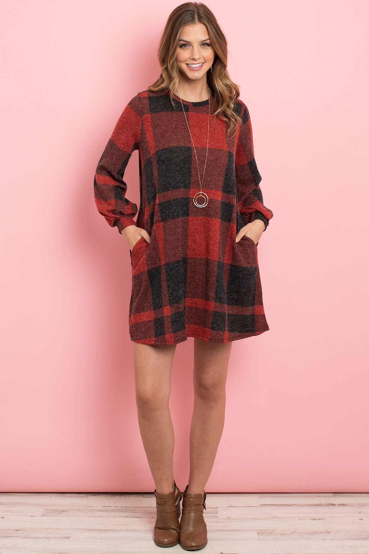 Riah Fashion - Round Neck Puff Sleeved Plaid Knee Length Dress - 3 COLORS -