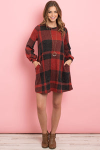 Thumbnail for Riah Fashion - Round Neck Puff Sleeved Plaid Knee Length Dress - 3 COLORS -