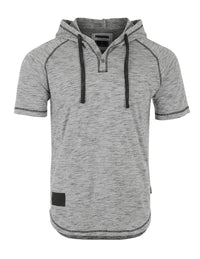 Thumbnail for Men's Short Sleeve Raglan Henley Hoodie Round Bottom Semi Longline T-Shirt - 1 COLOR -