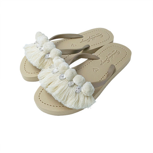 SAND BY SAYA N.Y. - White Pom Pom Fringe - Embellished Flat Flip Flops Sandal - 4 COLORS -