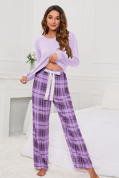 Round Neck Long Sleeve Top and Bow Plaid Pants Lounge Set - 2 PCS. - T - 3 COLORS -