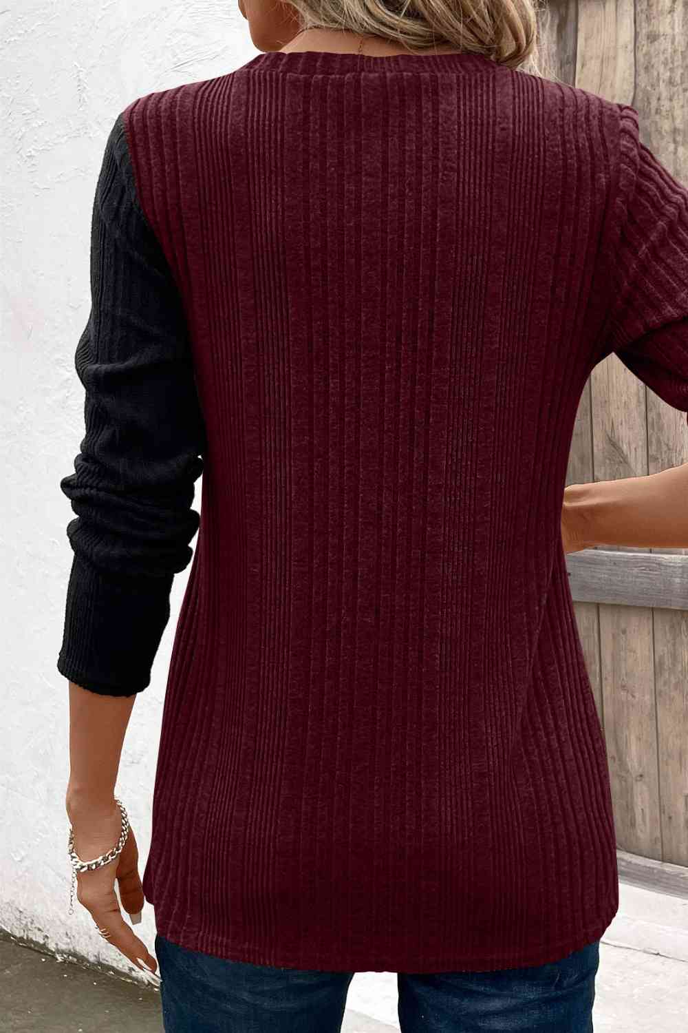 Contrast Long Sleeve Knit Top - T - 6 COLORS -