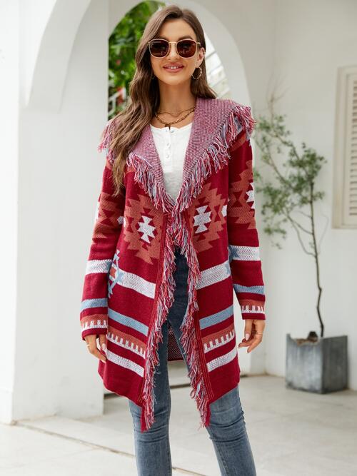 Fringe Geometric Hooded Long Sleeve Cardigan - T - 2 COLORS -