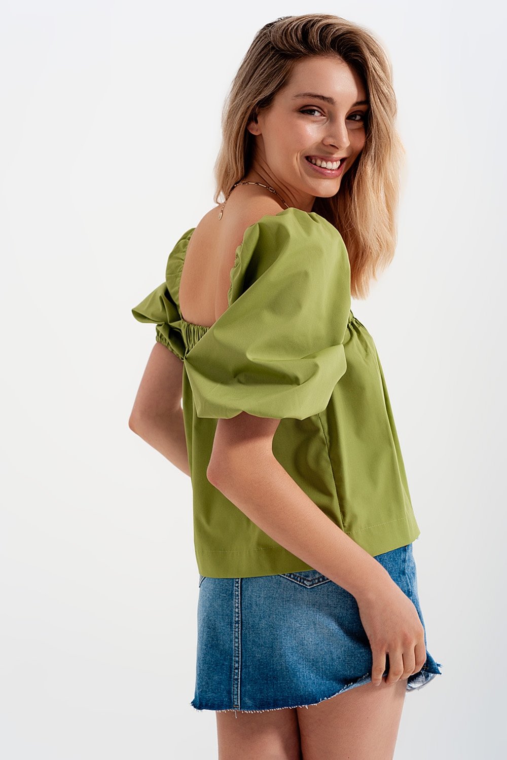 Q2 - Poplin Balloon Sleeve Top in Green - 1 COLOR