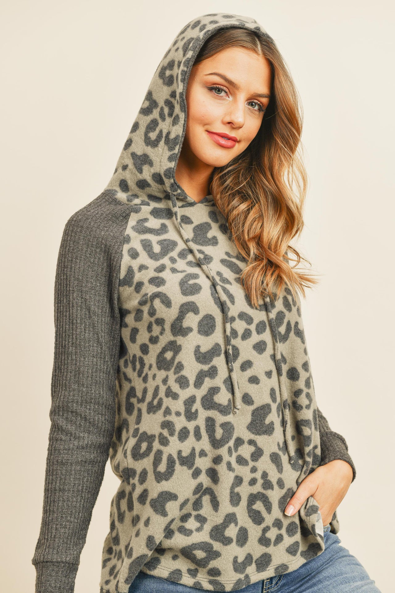 Riah Fashion - Waffle Sleeve Leopard Drawstring Hoodie - 3 COLORS -