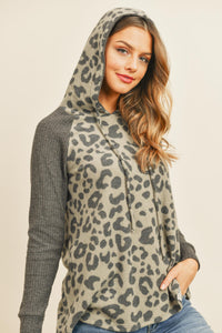 Thumbnail for Riah Fashion - Waffle Sleeve Leopard Drawstring Hoodie - 3 COLORS -