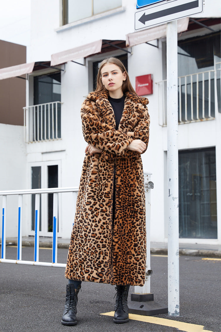 Sharon Tatem - Faux Fur - Leopard Print - Rabbit Tailored Collar - Warm Thick X-Long Coat Long Sleeve Jacket -