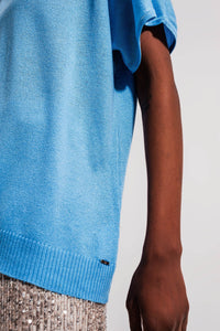 Thumbnail for Q2 - Short Sleeve Jumper With v Neck in Blue - 1 COLOR -