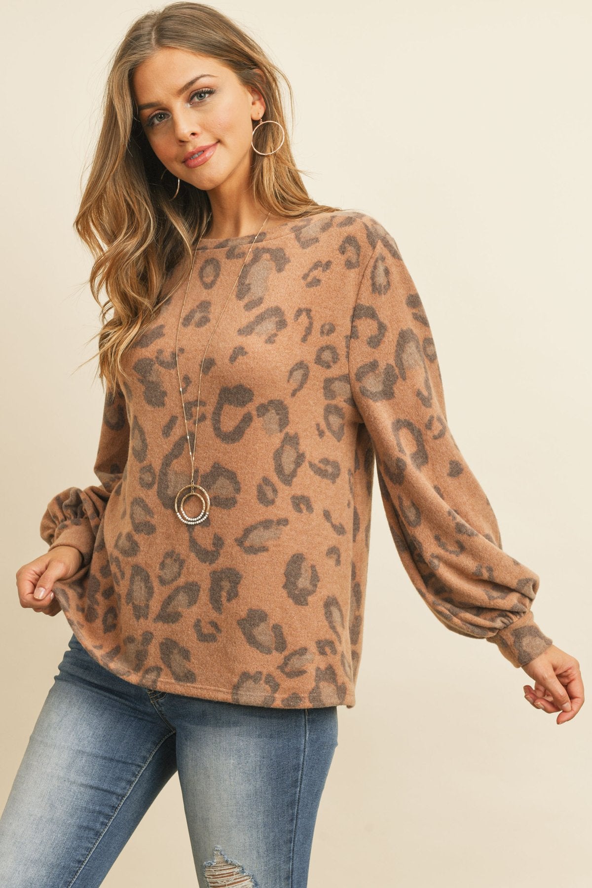 Riah Fashion - Leopard Brushed Hacci Puff Sleeved Boat Neck Top - 3 COLORS -