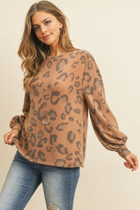 Thumbnail for Riah Fashion - Leopard Brushed Hacci Puff Sleeved Boat Neck Top - 3 COLORS -