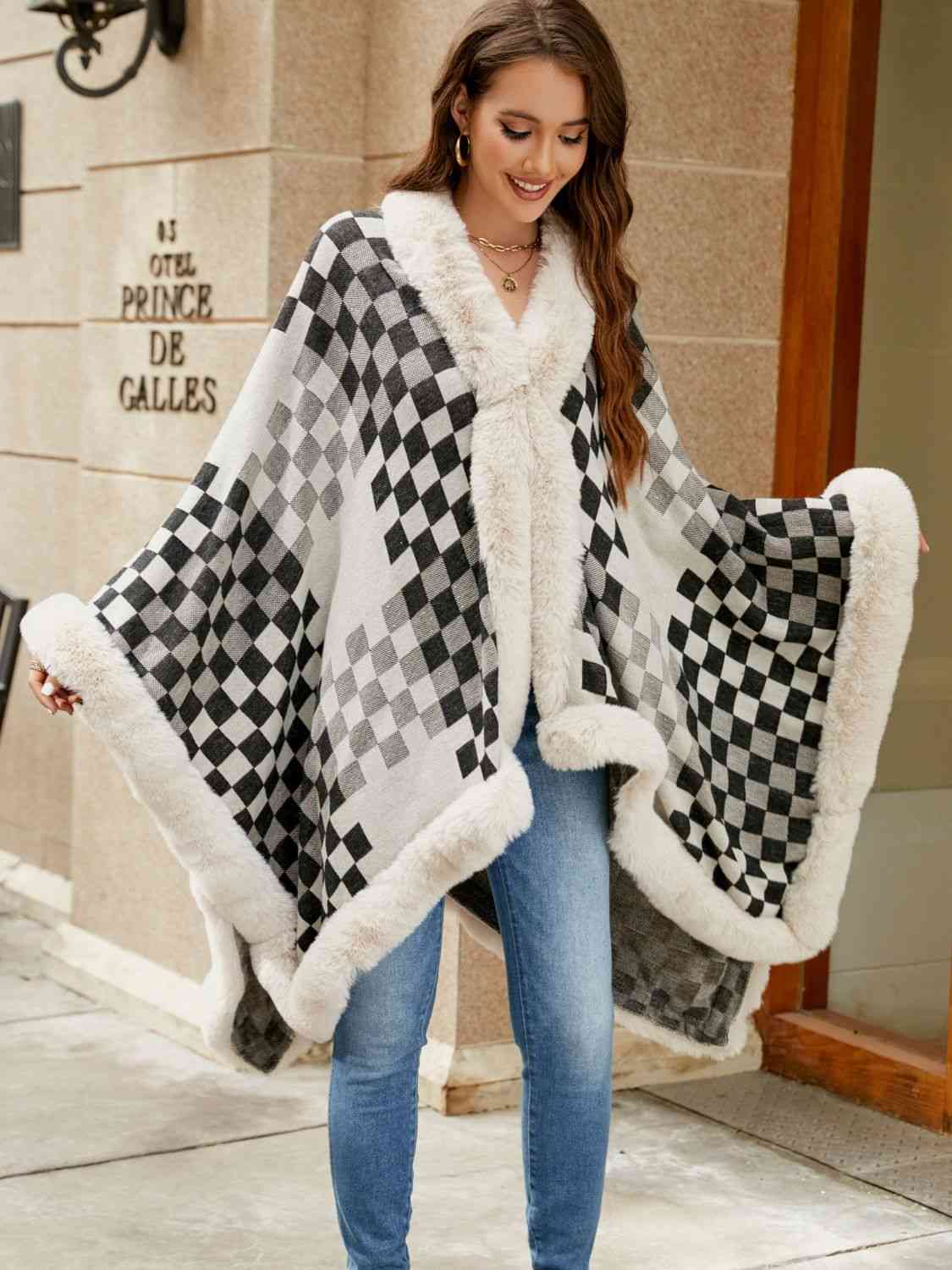 Checkered Faux Fur Trim Poncho - T - 5 COLORS -