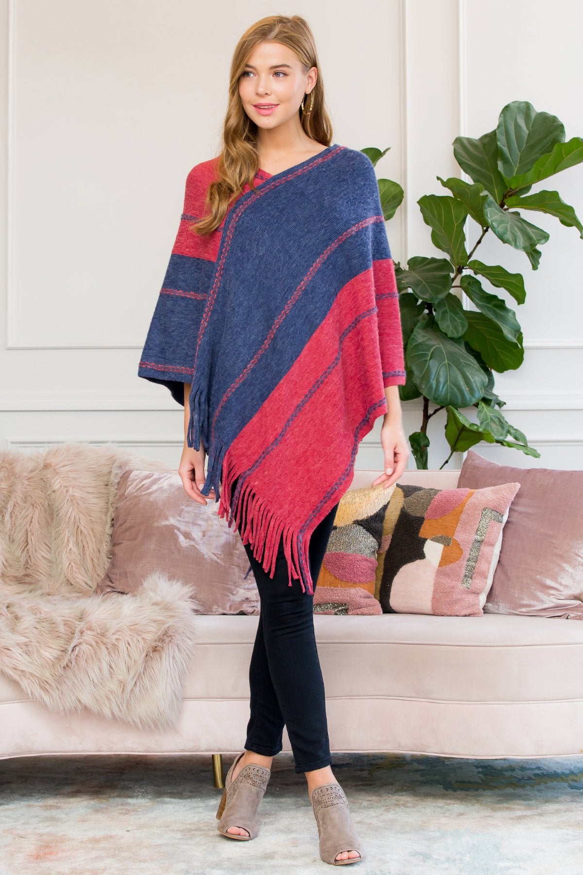 Riah  Fashion - Red Blue Two Tone Chain Print Fringe Poncho - 1 COLOR -