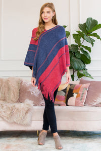 Thumbnail for Riah  Fashion - Red Blue Two Tone Chain Print Fringe Poncho - 1 COLOR -