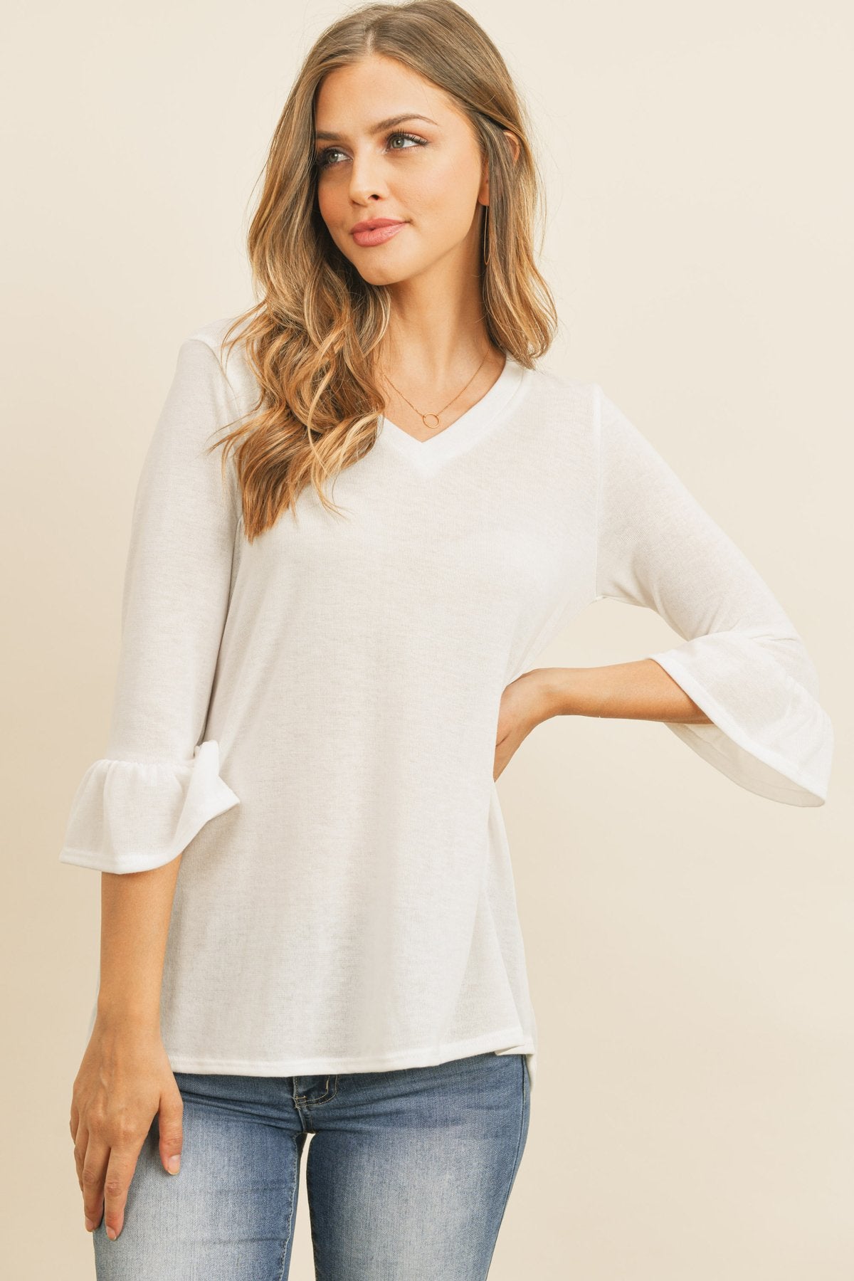 Riah Fashion - Solid Bell Sleeve V-Neck Top - 5 COLORS -