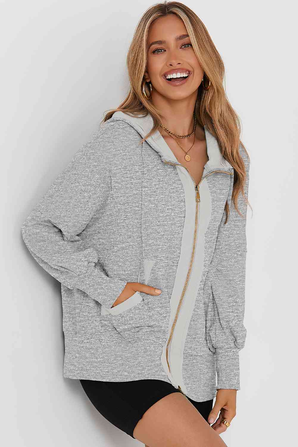 Zip Up Long Sleeve Drawstring Hoodie - T - 3 COLORS -