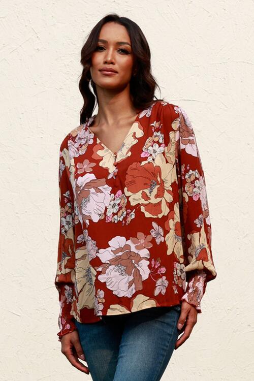 Floral V-Neck Smocked Lantern Sleeve Blouse - T - 1 COLOR -