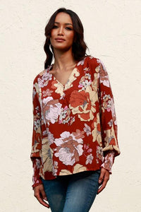 Thumbnail for Floral V-Neck Smocked Lantern Sleeve Blouse - T - 1 COLOR -