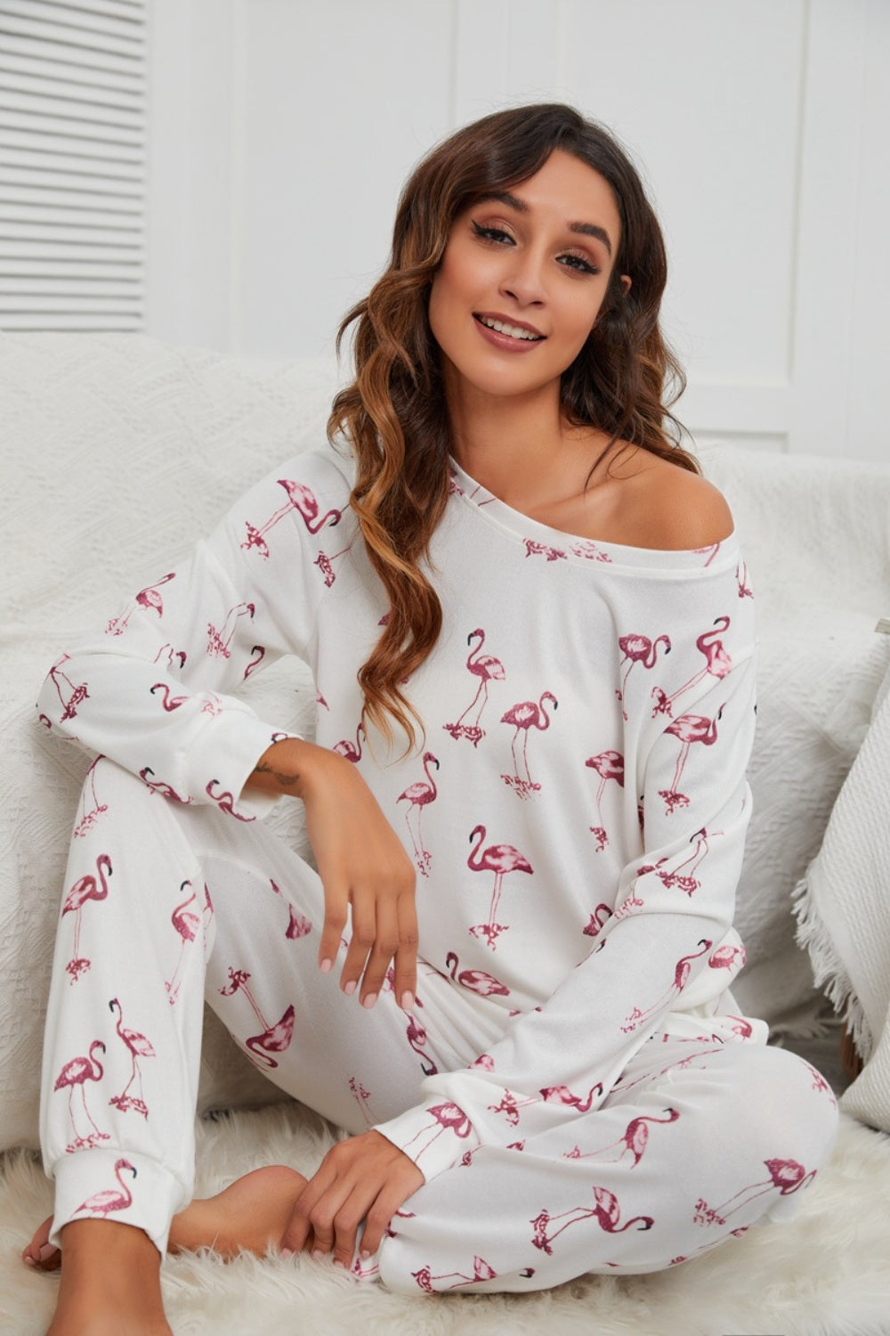 Flamingo Long Sleeve Top and Pants Lounge Set - 2 PCS. - T - 1 COLOR -