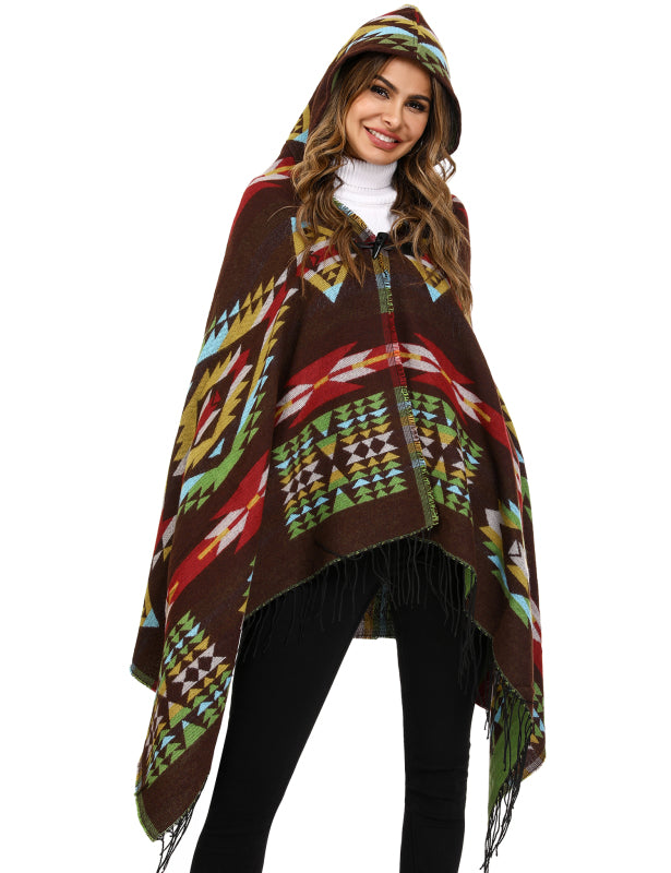 Women's Print or Plain Fringe Hooded Knit Cape Shawl - K - 2 Print patterns - 4 COLORS -