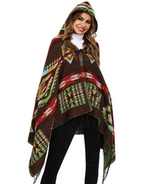 Thumbnail for Women's Print or Plain Fringe Hooded Knit Cape Shawl - K - 2 Print patterns - 4 COLORS -