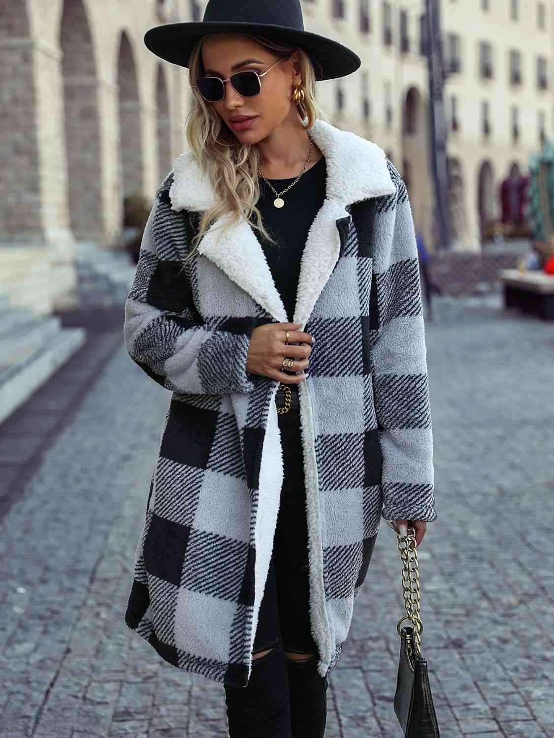 Plaid Open Front Coat with Pockets - T - 1 COLOR -