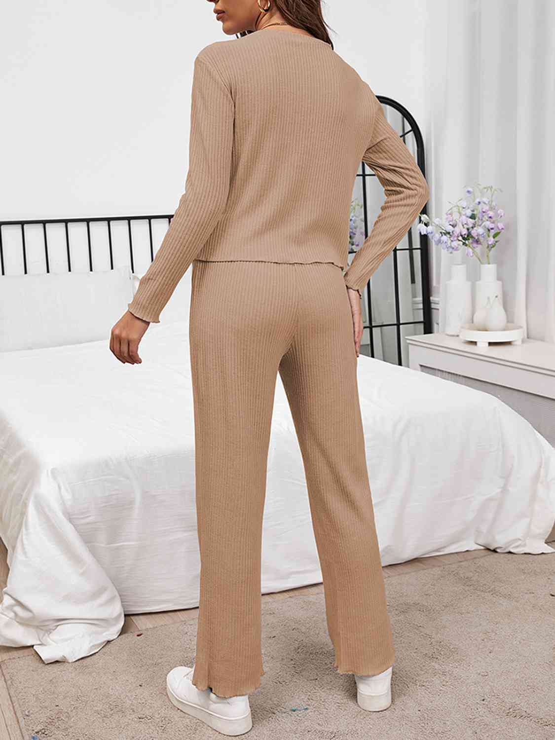 Round Neck Long Sleeve Top and Drawstring Pants Lounge Set - 2 PCS. - T - 3 COLORS -