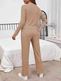 Thumbnail for Round Neck Long Sleeve Top and Drawstring Pants Lounge Set - 2 PCS. - T - 3 COLORS -