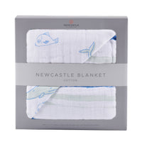 Thumbnail for Newcastle - Whale and Ocean Stripe Cotton Muslin Newcastle Blanket -