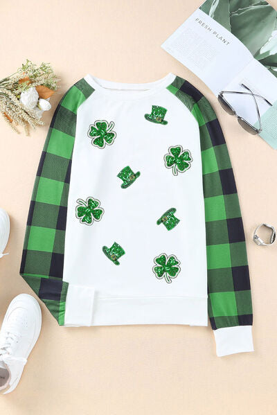 Lucky Clover Sequin Round Neck Sweatshirt - T - 1 COLOR -