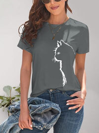 Thumbnail for Cat Round Neck Short Sleeve T-Shirt - T - 4 COLORS -