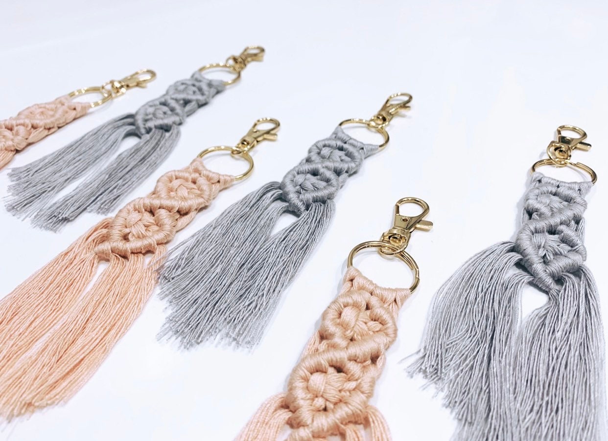 Wood Natural Creations - Macrame Keychains | Boho Keychains Blue Pink | Boho Macrame Keychains  | Bag Charm | Gifts for Her - APPX' 5.5" - 2 COLORS -