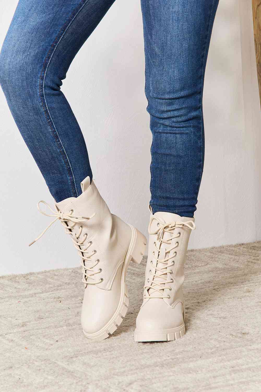 Faux Suede Zip Back Lace-up Front Combat Boots - T - 1 COLOR -