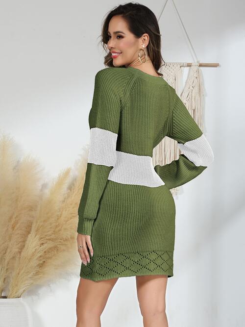 Contrast Openwork Long Sleeve Sweater Dress - T - 3 COLORS -