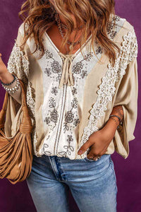 Thumbnail for V-Neck Lace Detail Slit Blouse - T - 1 COLOR -