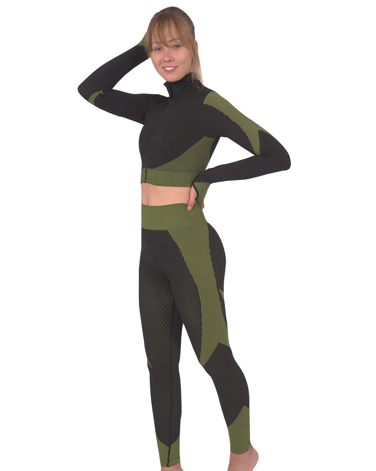 Savoy - Trois Seamless Jacket, Leggings & Sports Top 3 Set - 3 PCS - Black With Green -