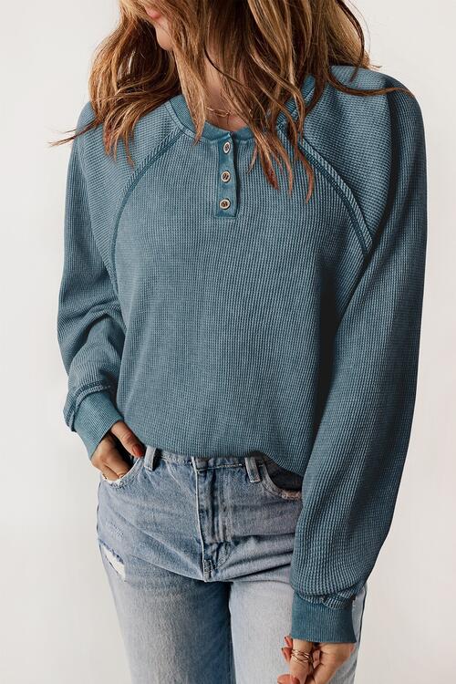 Half Button Round Neck Long Sleeve Sweatshirt - T - 2 COLORS -