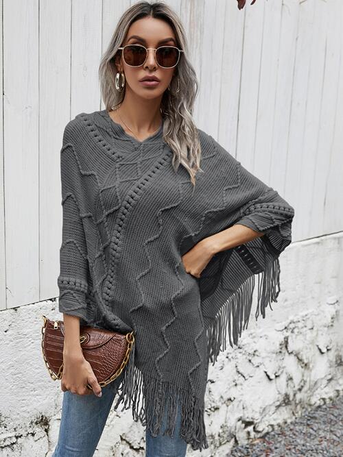 Texture Fringe Hem Poncho - 1 SIZE - T - 1 COLOR -