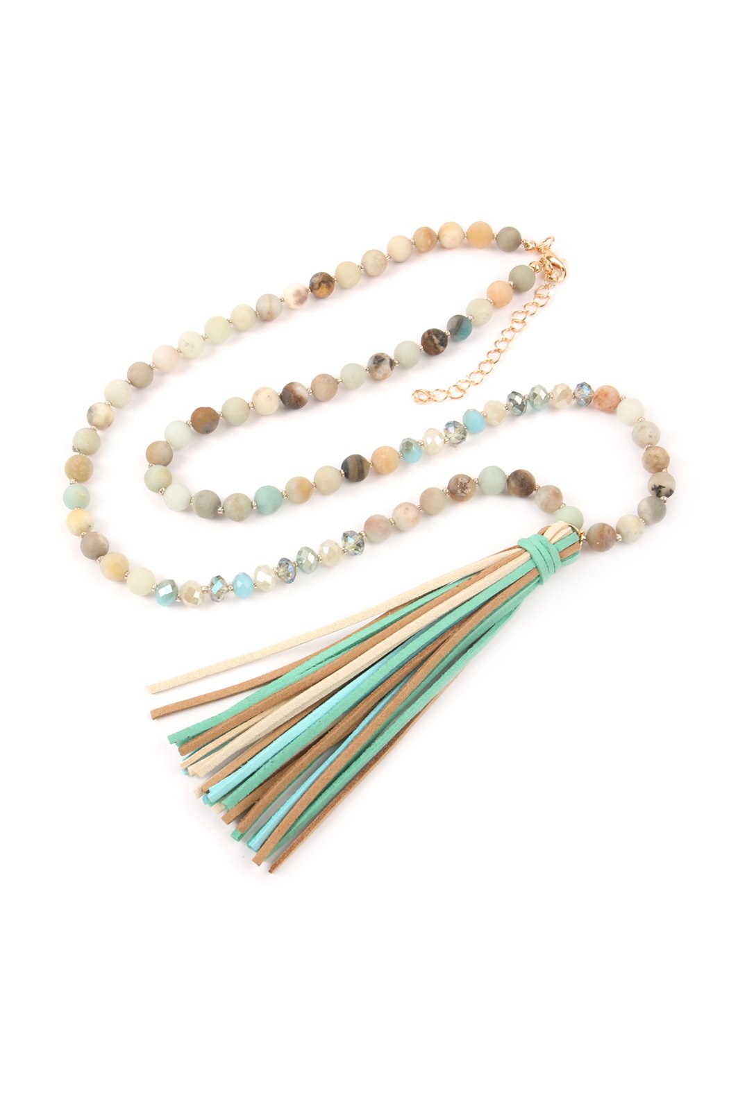 Riah Fashion - Colorful Natural Stone Glass Beads Leather Tassel Necklace - 7 COLORS -