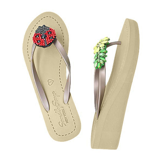 SAND BY SAYA N.Y. - Ladybug & Yellow Daisy - Red and Yellow Embellished motifs Mid Wedge Flip Flops - 2 COLORS -