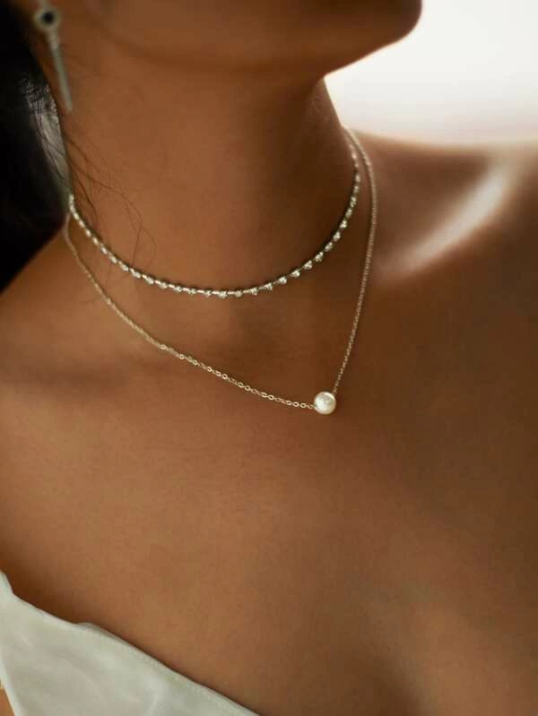 Faux Pearl Pendant Rhinestone Choker Necklace 2pcs -