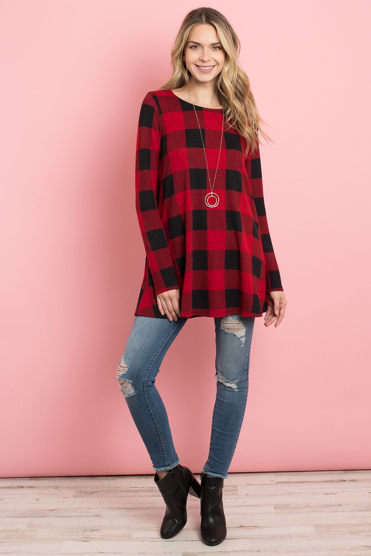 Riah Fashion - Plaid Long Sleeves A-Line Top - 4 COLORS -