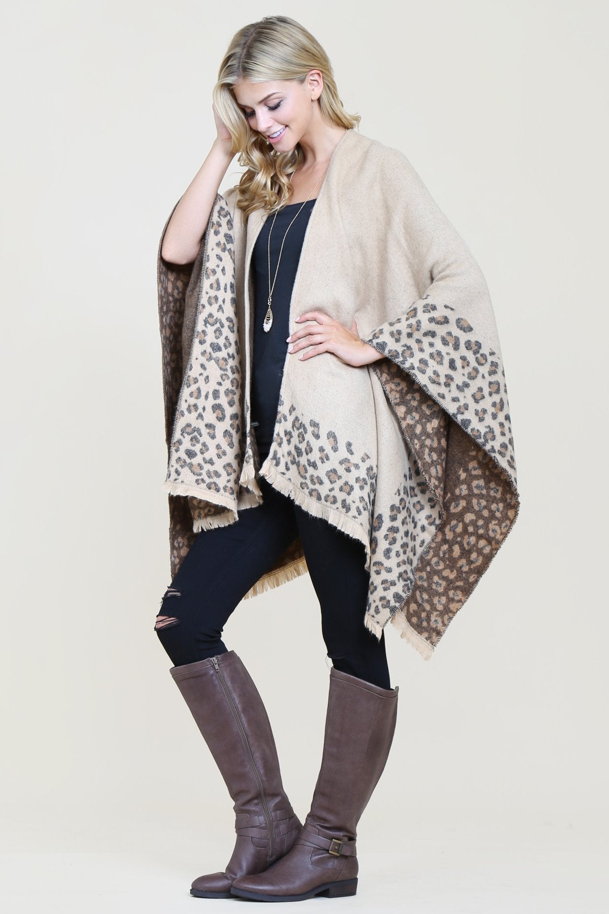 Riah Fashion - Brown Leopard Print Shawl Cardigan - 1 COLOR -