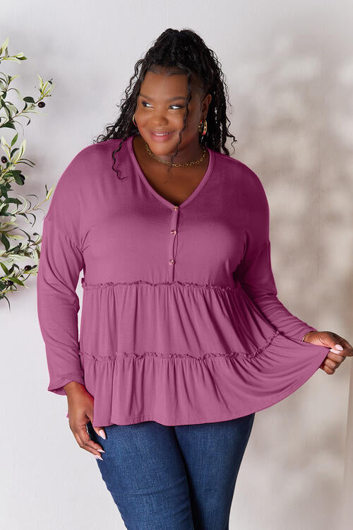 Double Take Half Button Long Sleeve Ruffle Hem Blouse - SIZES S THRU 3XL - T - 7 COLORS -