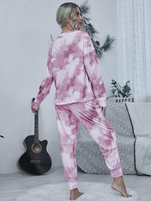 Tie-dye Round Neck Top and Drawstring Pants Lounge Set - 2 PCS. - T - 4 COLORS -