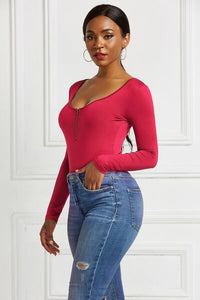 Thumbnail for Half Zip Scoop Neck Long Sleeve Bodysuit - T - 10 COLORS -