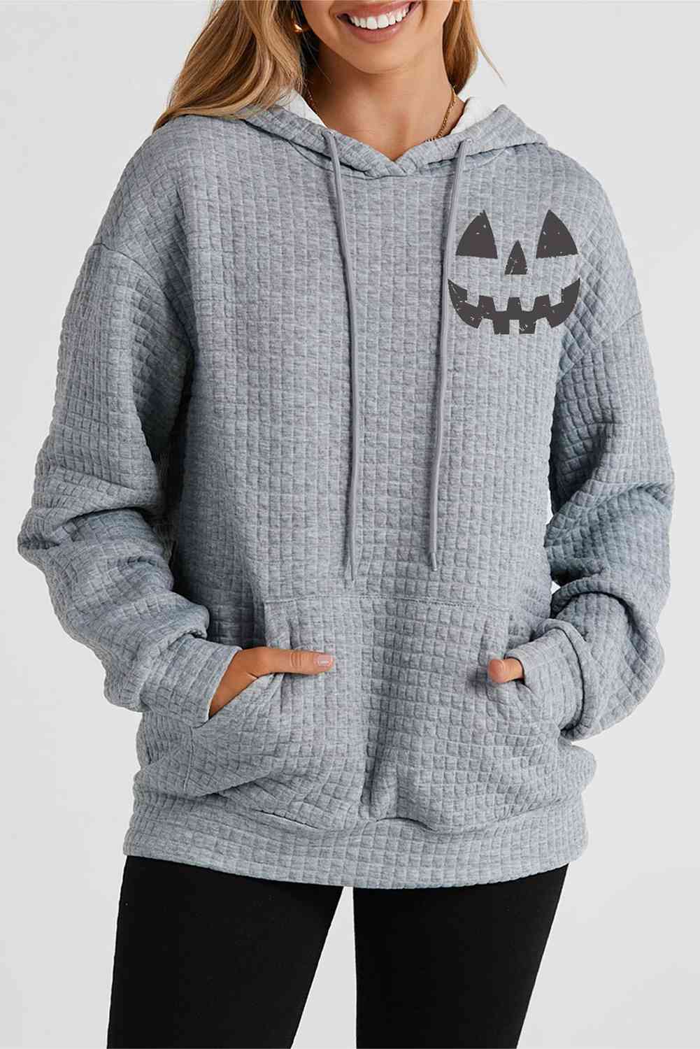 Pumpkin Face Graphic Drawstring Hoodie with Pocket - T - 1 COLOR -