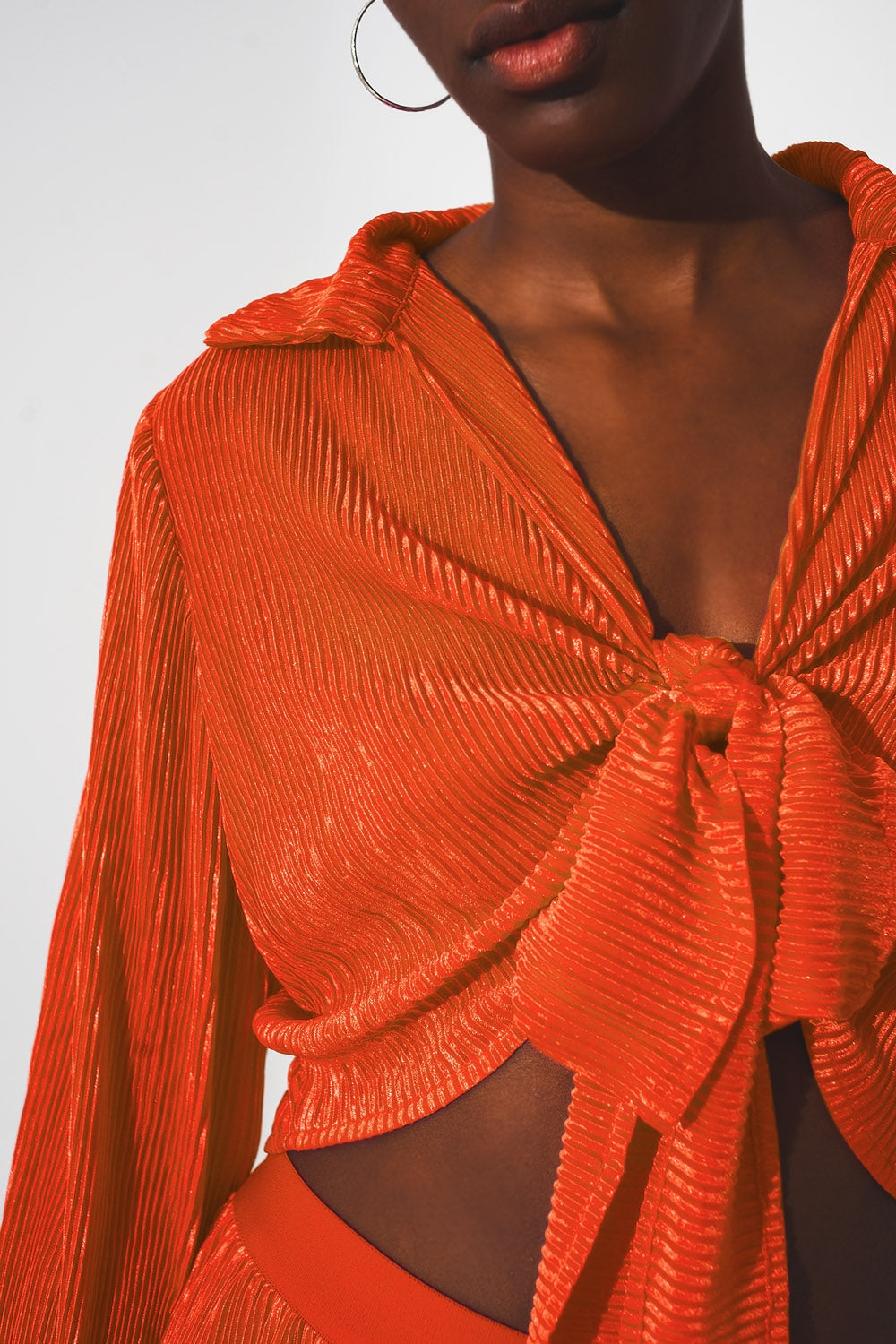 Q2 - Tie Front Pleated Crop Top  in Orange - 1 COLOR -